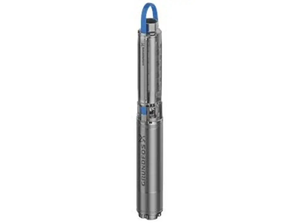 Unterwasserpumpe von Grundfos mit einem langen, schlanken Design und einem blauen Haltegriff. Gehäuse aus Metall und sichtbare Pumpenelemente.